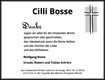 Traueranzeige von Cilli Bosse von Rheinische Post