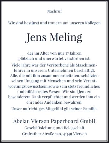 Traueranzeige von Jens Meling von Rheinische Post