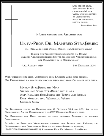 Traueranzeige von Univ.-Prof. Dr. Manfred Straßburg von Rheinische Post