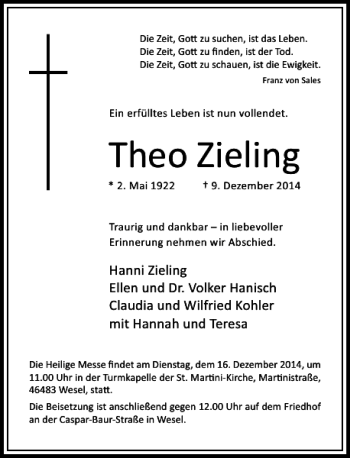 Traueranzeige von Theo Zieling von Rheinische Post