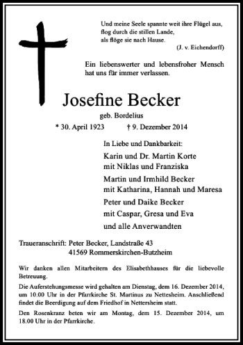 Traueranzeige von Josefine Becker von Rheinische Post