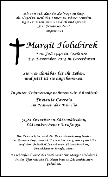 Traueranzeige von Margit Holubirek von Rheinische Post