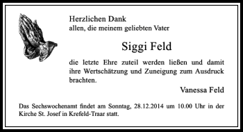 Traueranzeige von Siggi Feld von Rheinische Post