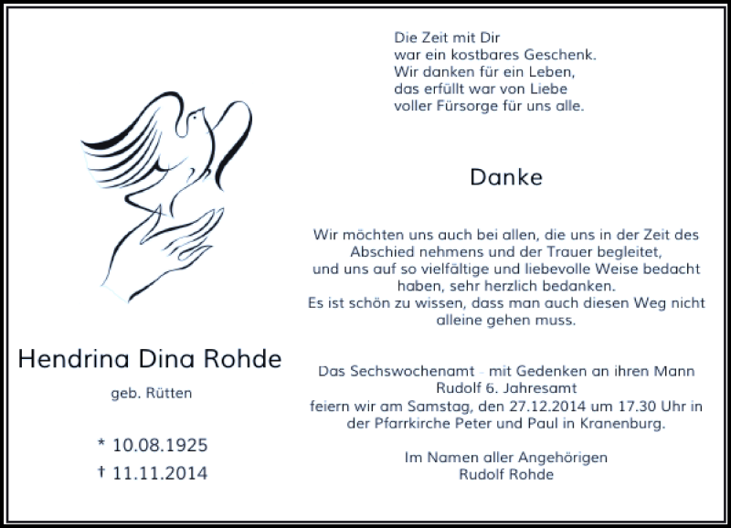  Traueranzeige für Hendrina Dina Rohde vom 23.12.2014 aus Rheinische Post