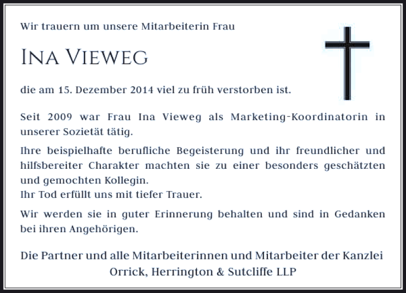  Traueranzeige für Ina Vieweg vom 20.12.2014 aus Rheinische Post