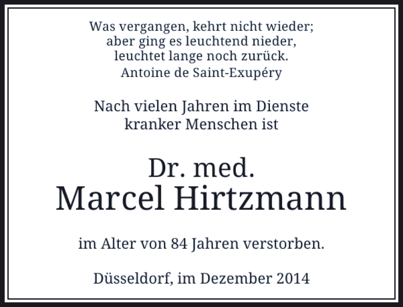  Traueranzeige für Hirtzmann Marcel vom 20.12.2014 aus Rheinische Post