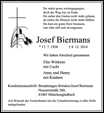 Traueranzeige von Josef Biermans von Rheinische Post