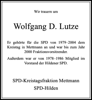 Traueranzeige von Wolfgang D. Lutze von Rheinische Post