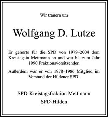 Traueranzeige von Wolfgang D. Lutze von Rheinische Post