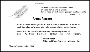 Traueranzeige von Anna Rocker von Rheinische Post