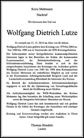 Traueranzeige von Wolfgang Dietrich Lutze von Rheinische Post
