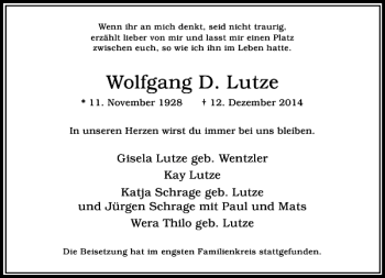Traueranzeige von Wolfgang D. Lutze von Rheinische Post
