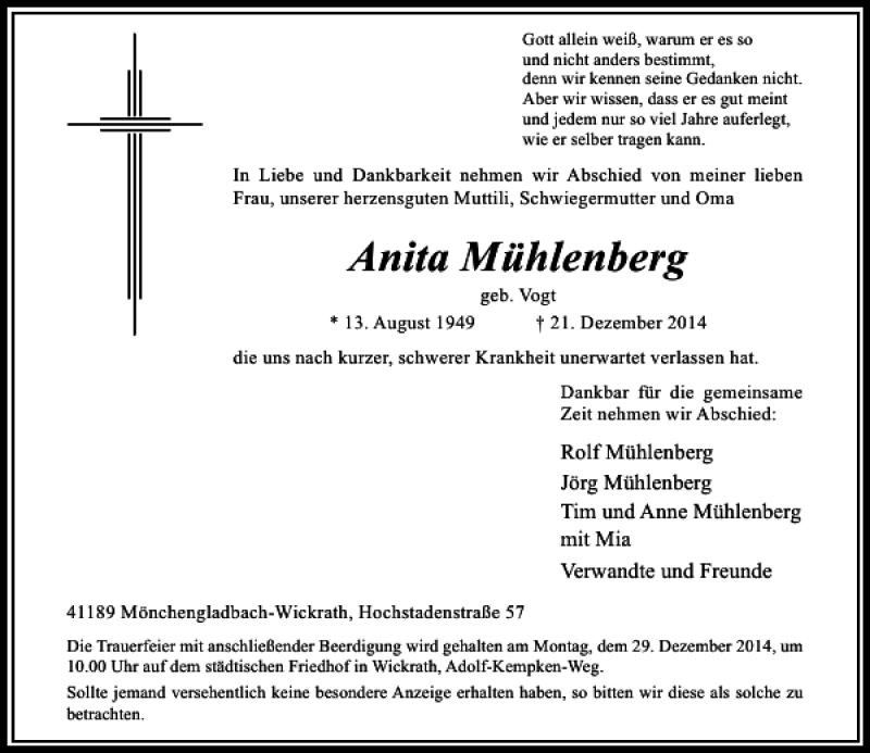  Traueranzeige für Anita Mühlenberg vom 24.12.2014 aus Rheinische Post