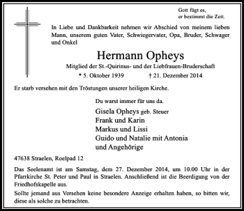 Traueranzeige von Hermann Opheys von Rheinische Post