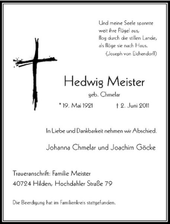 Traueranzeige von Hedwig Meister von Rheinische Post