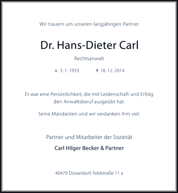Traueranzeige von Dr. Hans-Dieter Carl von Rheinische Post