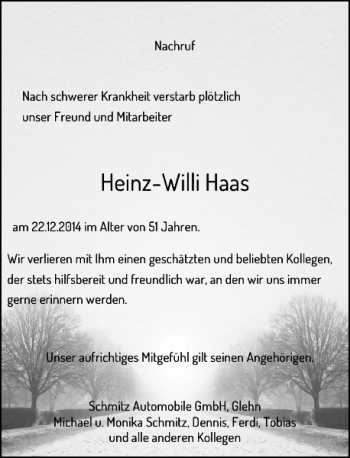 Traueranzeige von Heinz-Willi Haas von Rheinische Post