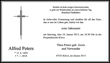 Traueranzeige von Alfred Peters von Rheinische Post