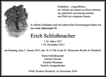 Traueranzeige von Erich Schloßmacher von Rheinische Post