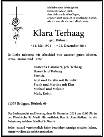 Traueranzeige von Klara Terhaag von Rheinische Post