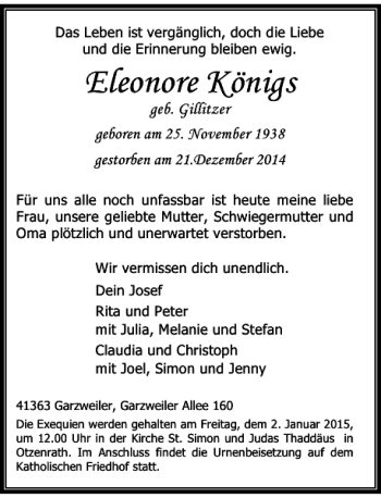 Traueranzeige von Eleonore Königs von Rheinische Post