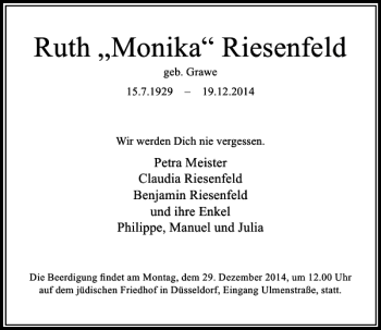Traueranzeige von Ruth 'Monika' Riesenfeld von Rheinische Post