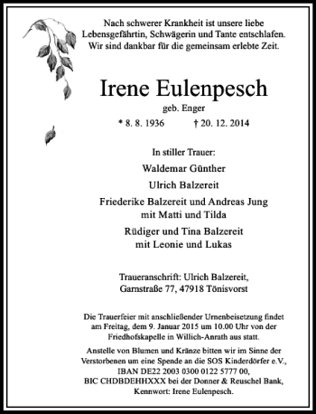 Traueranzeige von Irene Eulenpesch von Rheinische Post