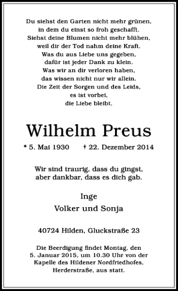 Traueranzeige von Wilhelm Preus von Rheinische Post