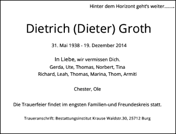 Traueranzeige von Dietrich Dieter Groth von Rheinische Post