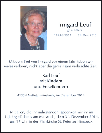 Traueranzeige von Irmgard Leuf von Rheinische Post