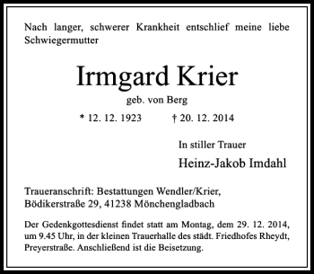 Traueranzeige von Irmgard Krier geb. von Berg von Rheinische Post