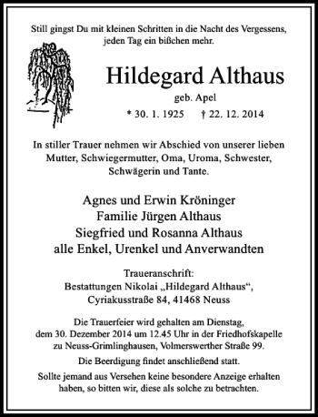 Traueranzeige von Hildegard Althaus von Rheinische Post