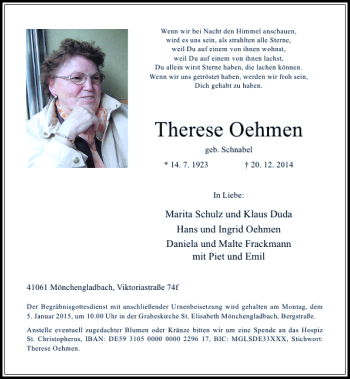 Traueranzeige von Therese Oehmen von Rheinische Post