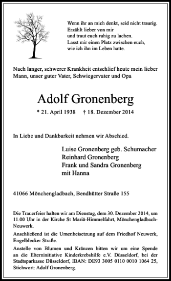 Traueranzeige von Adolf Gronenberg von Rheinische Post