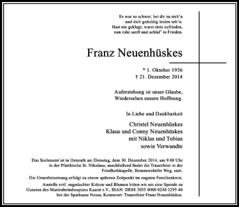Traueranzeige von Franz Neuenhüskes von Rheinische Post