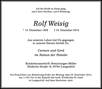 Traueranzeige von Rolf Weisig von Rheinische Post