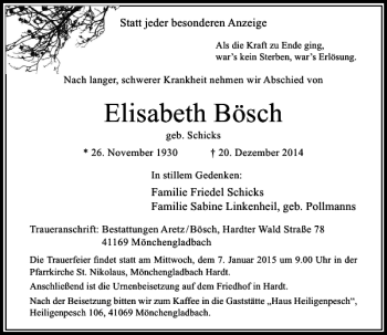 Traueranzeige von Elisabeth Bösch von Rheinische Post