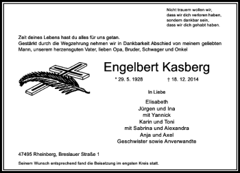 Traueranzeige von Engelbert Kasberg von Rheinische Post