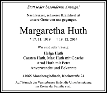 Traueranzeige von Margaretha Huth von Rheinische Post
