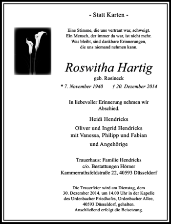Traueranzeige von Roswitha Hartig von Rheinische Post