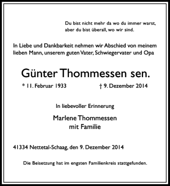 Traueranzeige von Günter Thommessen sen. von Rheinische Post