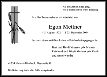 Traueranzeige von Egon Mettner von Rheinische Post