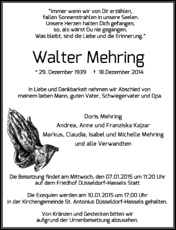 Traueranzeige von Walter Mehring von Rheinische Post