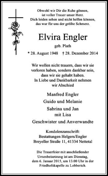 Traueranzeige von Elvira Engler von Rheinische Post