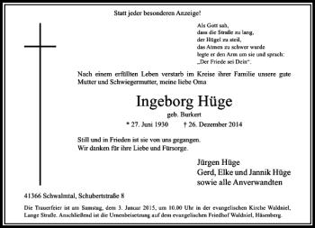 Traueranzeige von Ingeborg Hüge von Rheinische Post