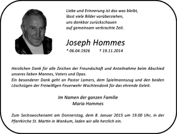 Traueranzeige von Joseph Hommes von Rheinische Post