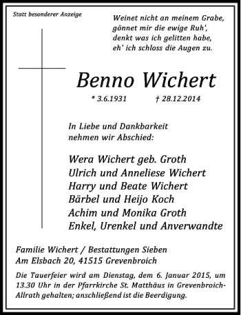 Traueranzeige von Benno Wichert von Rheinische Post