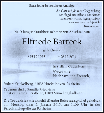 Traueranzeige von Elfriede Barteck von Rheinische Post