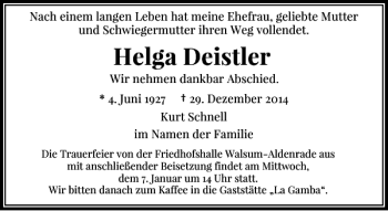 Traueranzeige von Helga Deistler von Rheinische Post