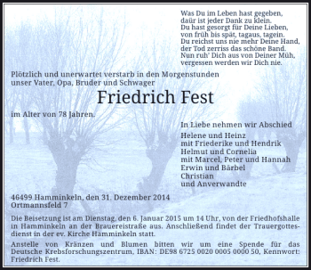 Traueranzeige von Friedrich Fest von Rheinische Post